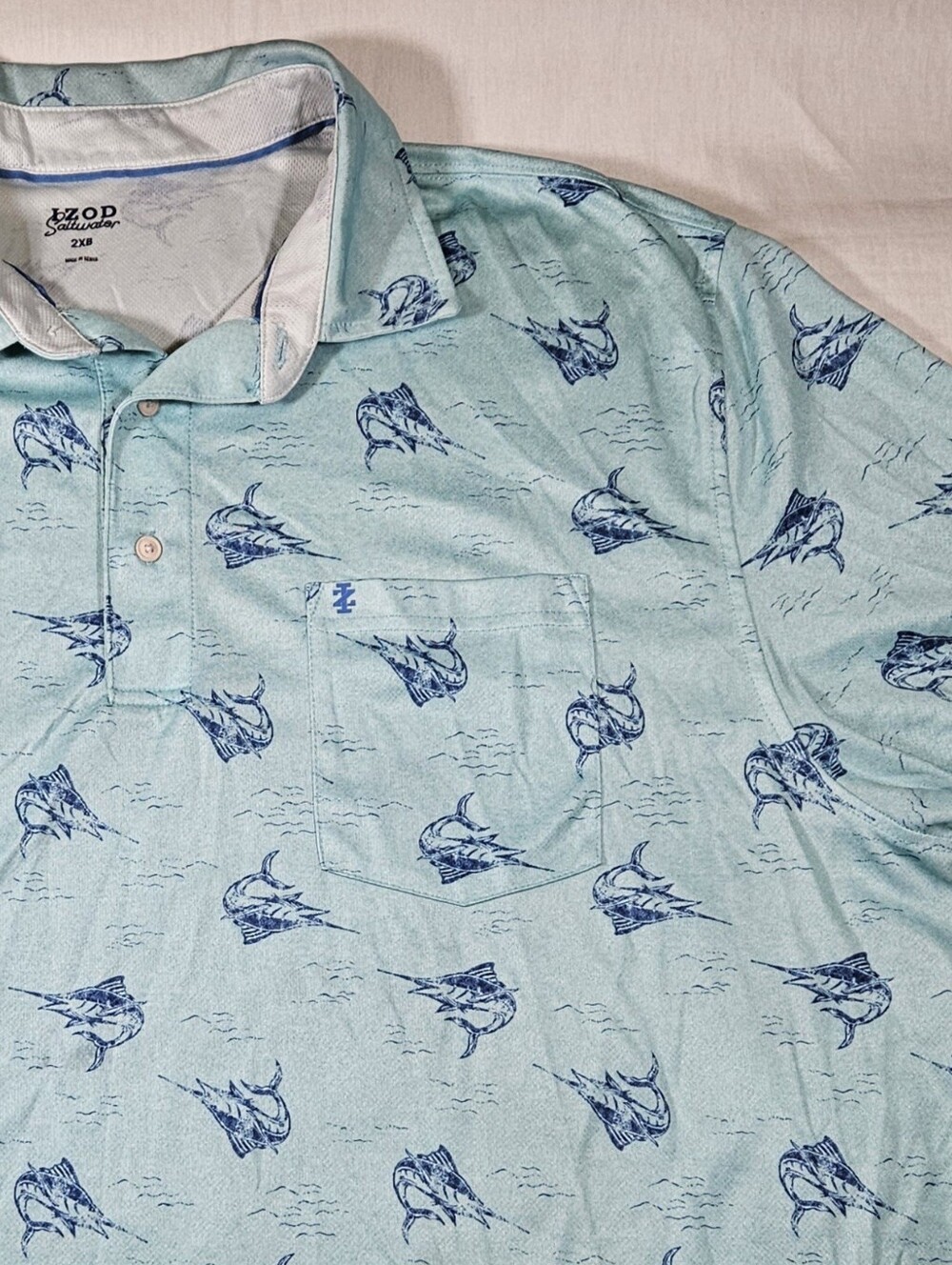 IZOD Saltwater Men's Performance Polo 2XB Blue Swordfish All Over Print